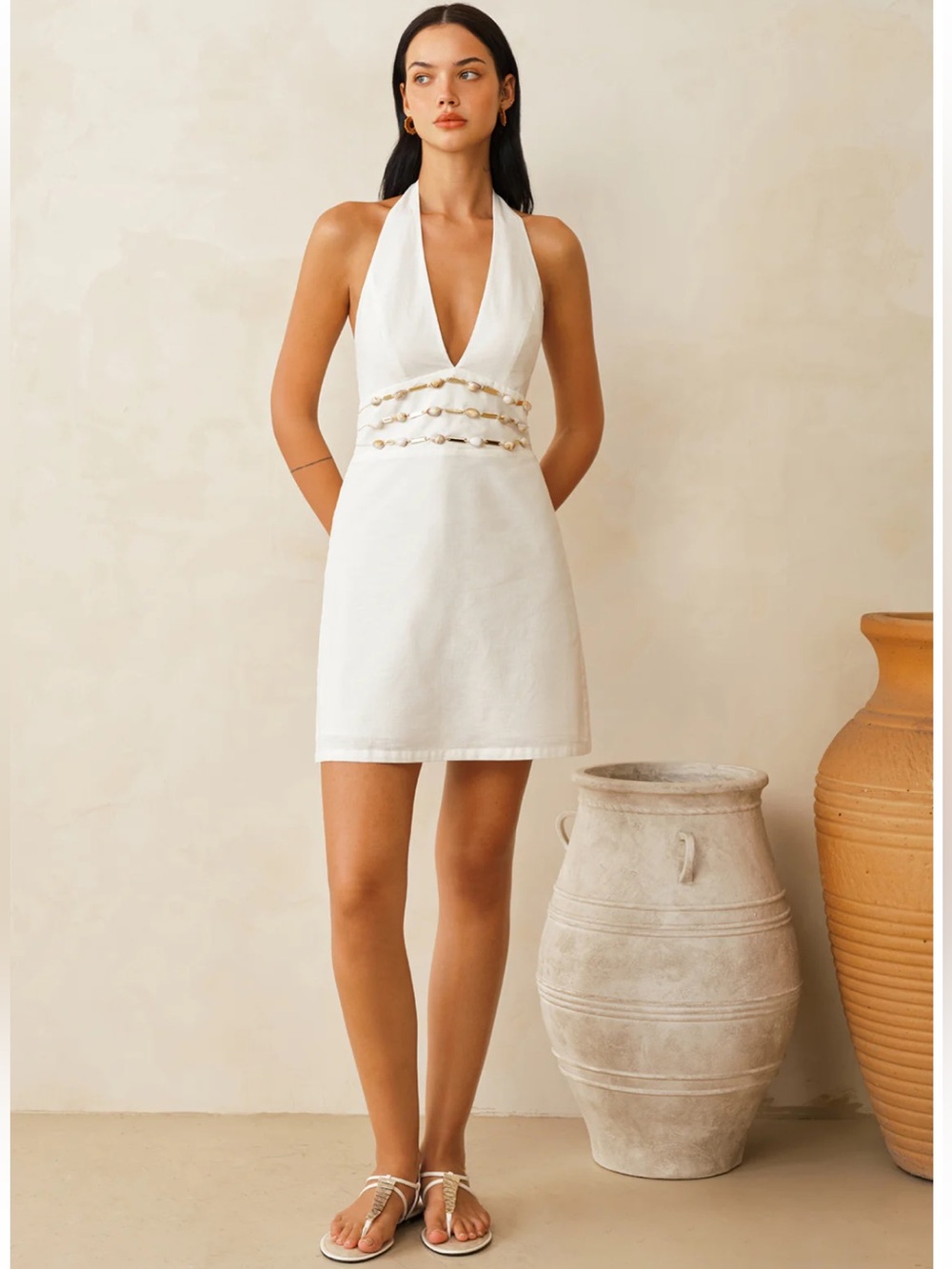 Commense Cotton Linen Halter Shell Waist Mini Dress Size Small NWT